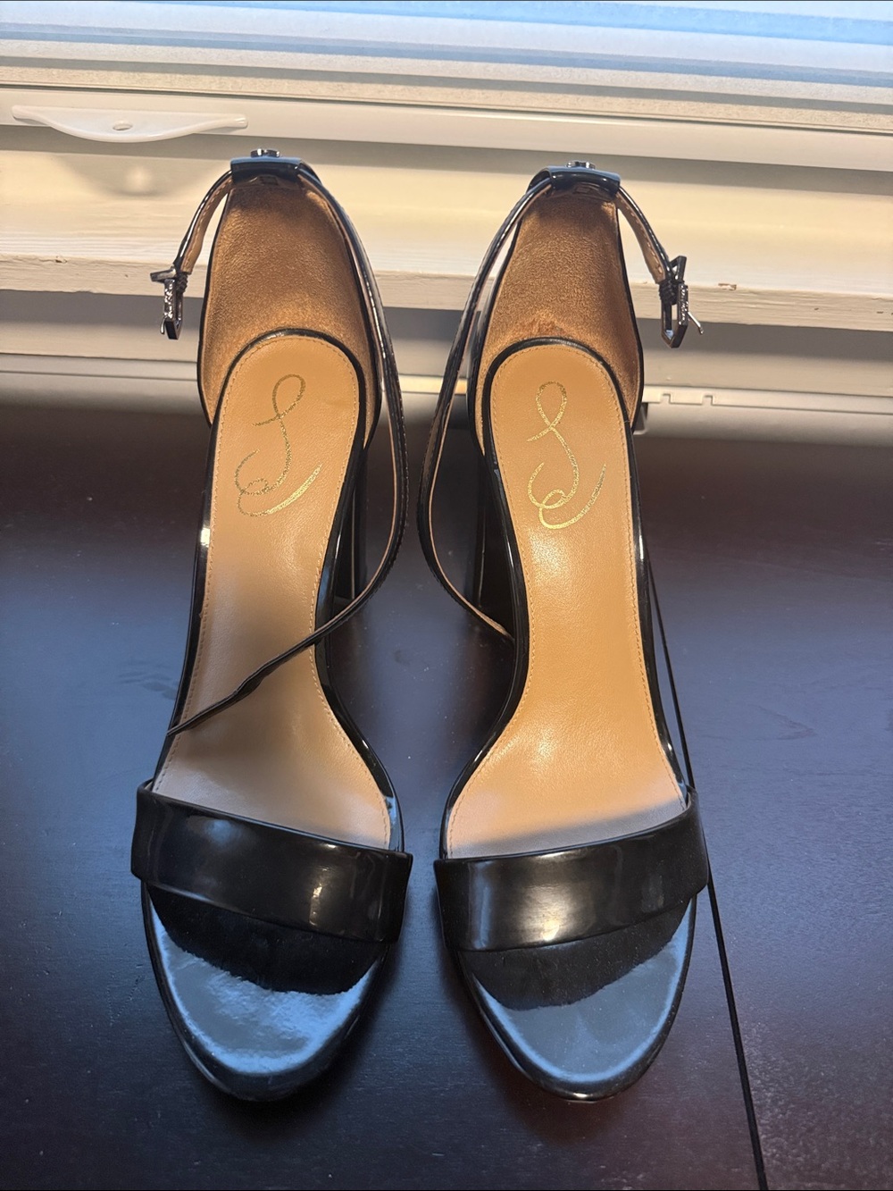 Sam Edelman Black Patent Ankle-Strap Heels